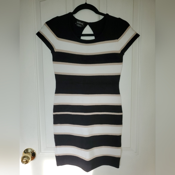 bebe - Stripped Black White Cream Bodycon Dress - Picture 3 of 3